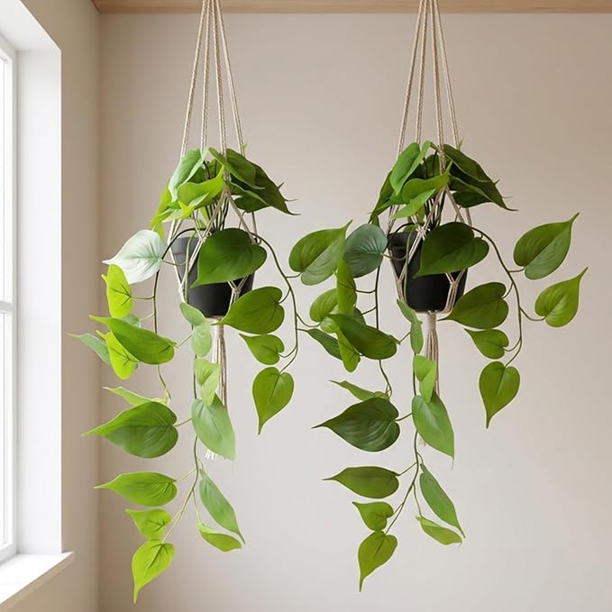 Artificial Pothos Hanging Plants 2 Pack with Pots, Realistic Fake Hanging Plants Indoor, Faux Greenery Vines for Shelf, Bathroom, Living Room, Office Decor