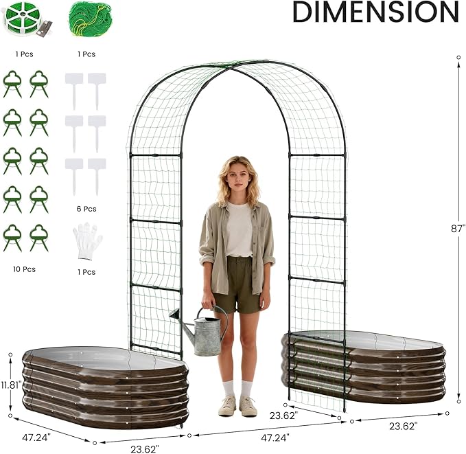 3 in 1 Galvanized Raised Garden Bed with 87" H Arch Trellis for Climbing Plants, Outdoor Gardening Planter Box with Climbing Net for Flower Vegetables Fruits Herbs, Wood Grain