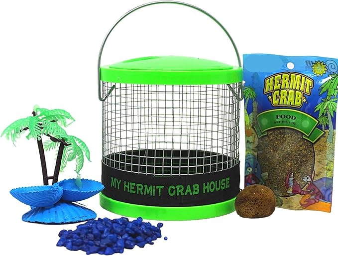 Needzo DIY Terrarium Kit, Small Hermit Crab Starter Kit with Wire Cage, Palm Tree Water Holder, Sponge, Bag of Food and Gravel, All in One Pet Supplies, Color May Vary, 4.5 Inches