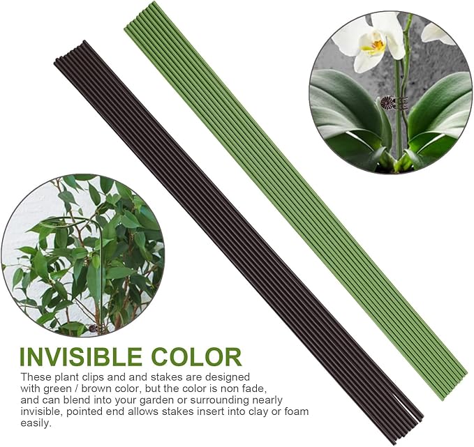 10Pcs Plant Support Stakes with 15 Pcs Plant Clips, Plant Sticks for Indoor and Outdoor Plants, Orchid Clips and Stakes,16inch Tall Bendable Single Stem Flower Stakes Bendable (10, Brown-16inch)