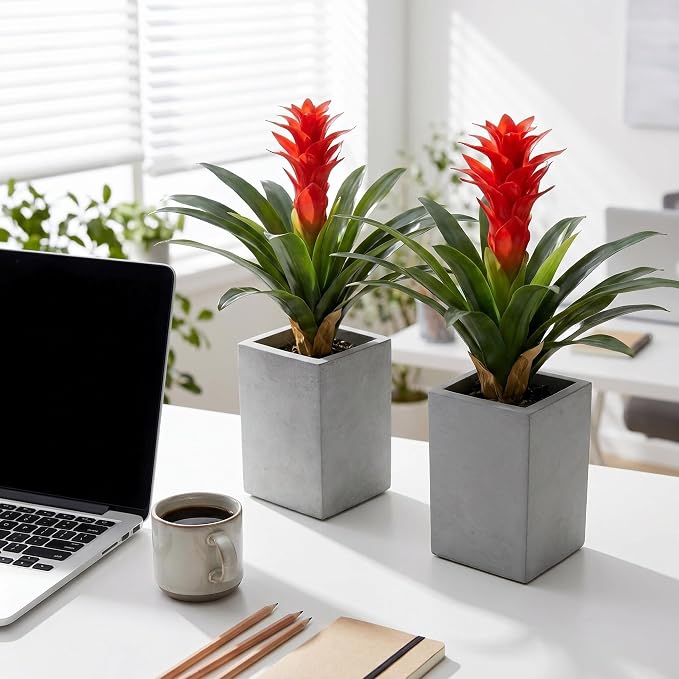 Artificial Flowers for Outdoors, Fake Bromeliad Flowers, Real Touch Fake Plant, Fake Flower for Decor Living Room Home Office Desk, 18 inch, 2 Pcs No Pot (Red)