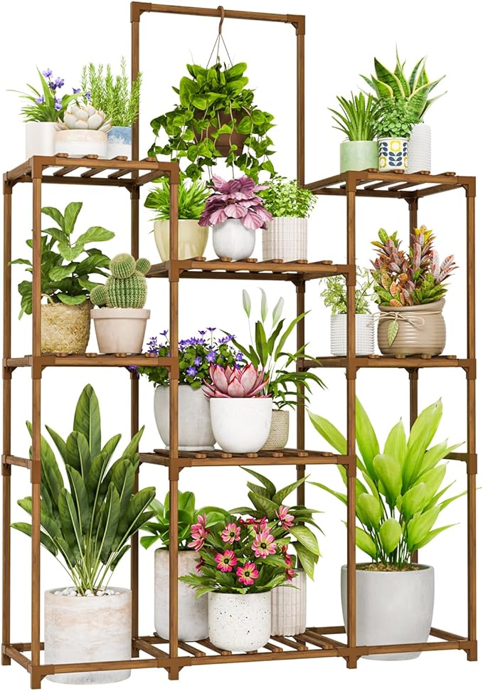 Bamworld Plant Shelf Indoor Outdoor Large Plant Shelf Tall Hanging Plant Holder Wood Flower Stand for Window Living Room Garden Balcony Home Decor Flower Patio 3 Tiers