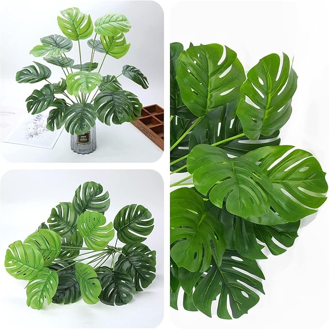 Artificial Shrubs Plant, CATTREE Fake Tropical Palm 2 Pack Taro Leaves Faux Greenery Bushes Realistic Monstera Farmhouse Plants for Home Kitchen Garden Bathroom Bedroom Decor Outdoor Indoor Decoration