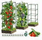 3 Pack Square Tomato Cages, 42 inch Heavy Duty Metal Steel Tomato Plant Cage Support with Clips, Height Adjustable Tomatoes Trellis for Raised Garden Bed Climbing Plants