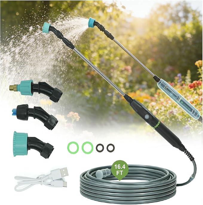 Electric Sprayer Wand, Adjustable Nozzle Telescopic Design with 16.4FT Hose, Upgrade Rechargeable Battery ensure Long Runtime, Lightweight Cordless Tool for Weed Control & Plant Watering