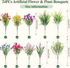 Alupssuc 24 Bundles Artificial Flowers for Outdoors Spring Decoration, UV Resistant Eucalyptus Violet and Lavender Silk Fake Plants for Outside Indoor Decor, Red Rose Purple Blue Yellow Pink