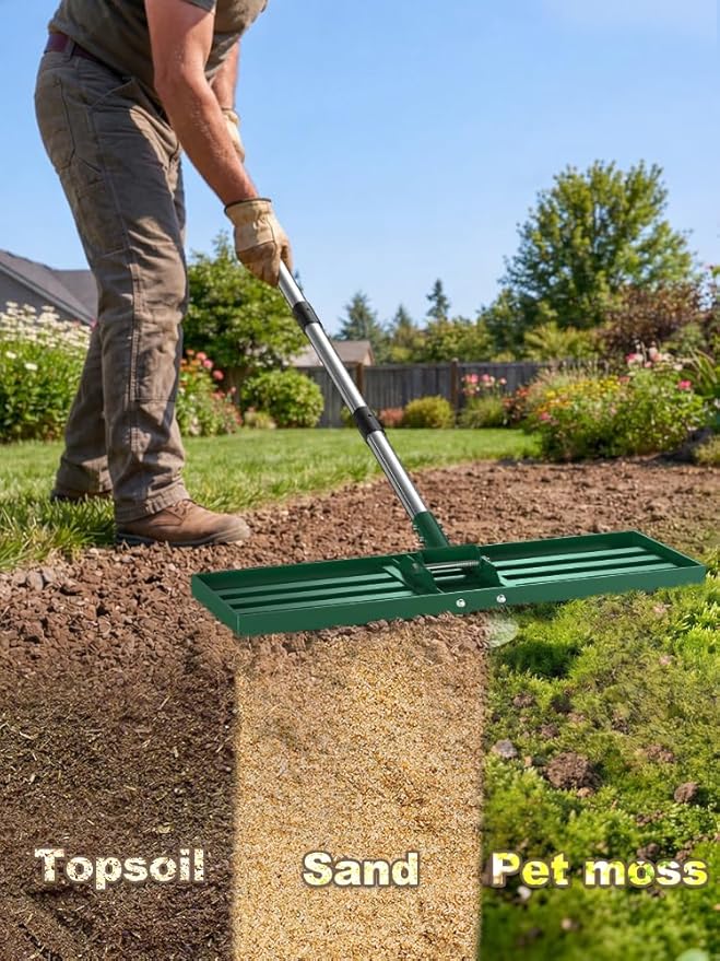 30x10 inch Lawn Leveling Rake, Yumatum 72" Effort Saving Lawn Leveler Tool, Stainless Steel Handle Lawn Leveler for Golf Course Yard Pasture Garden, Professional Lawn Care Landscape Rake(Green)