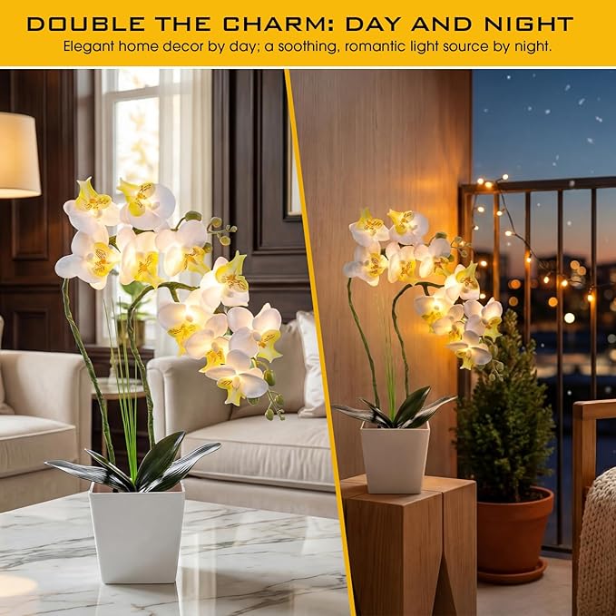 Riceshoot 2 Pack Lamp-LED Lighted Orchids Artificial Flowers, 20" White Real to Touch Faux Orchid with Pots Silk Phalaenopsis Plant for Table Centerpieces Home Office Living Room Wedding Decoration