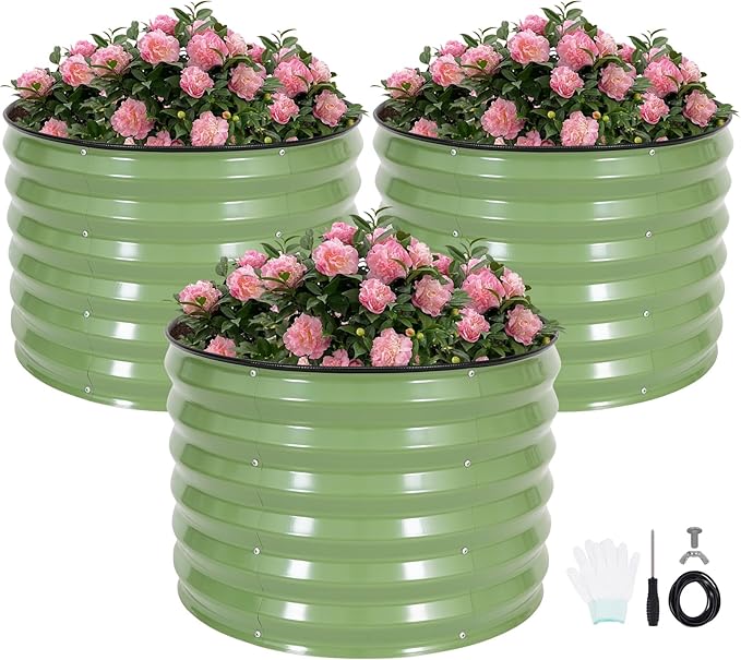 INNO STAGE 3 Pcs Round Galvanized Raised Garden Bed — 2×2×1.4ft Planter Box Outdoor Raised Beds Kit for Gardening Vegetables, Fruits, Herbs, and Flowers, Olive Green
