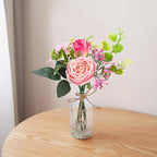 AFRITEE Flowers Bouquet in Small Vase - Pink Rose Artificial Fake Centerpiece Potted Flowers with Transparent Vase Set for House Dining Room Farmhouse Coffee Wedding Table