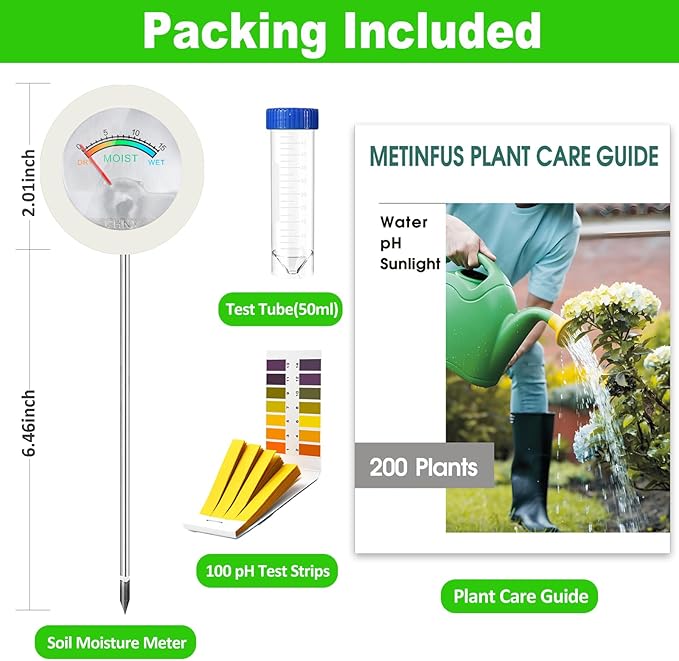 Soil Hygrometer Meter for Plants, Gardening Tool - Included 200+ Plants Care Guide, 100 pH Test Strips & Sample Tube, Soil Moisture Sensor for Indoor & Outdoor Use, No Battery Needed (White)