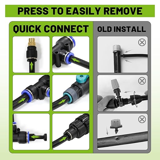 Drip Irrigation Kit - 100 FT. Hose Sprinkler System with 360° nozzles and T-connectors for Gardens, lawns, Plants, Flower beds, Trees, patios and hydroponics (Closeable nozzle-20)