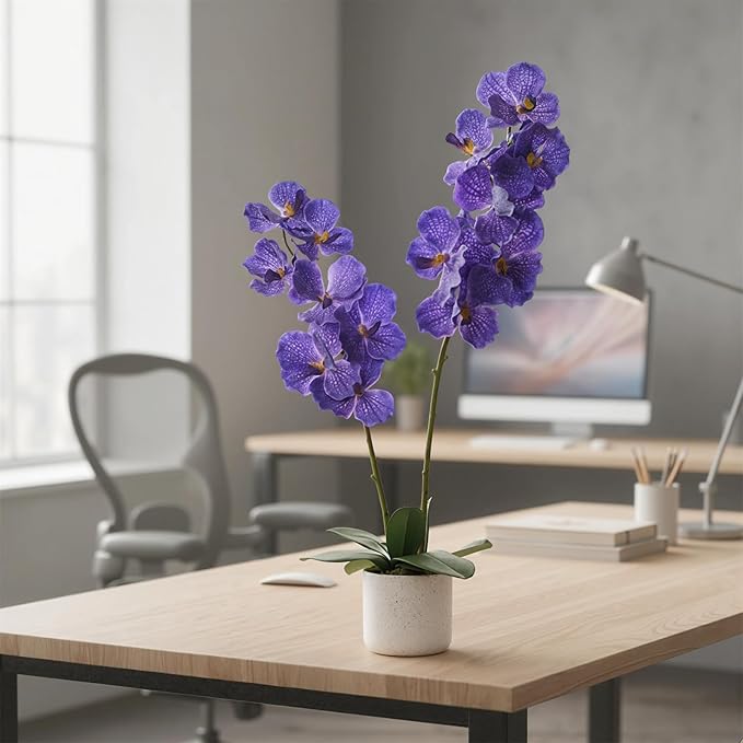 31" Artificial Orchid Flowers in White Planter, Realistic Faux Purple Plants with 14 Bloomings, Faux Phalaenopsis for Bathroom Kitchen Home Office Living Room Decor