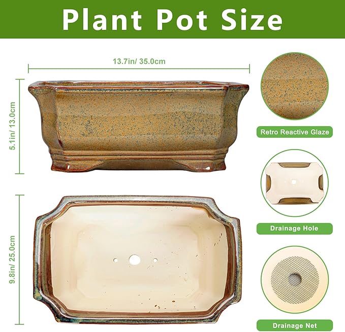 Bonsai Pots 13.7 Inch - Ceramic Bonsai Tree Pots with Drainage Hole, Succulent Planters for Indoor Outdoor Plants, Decorative Planter, House Decor, Gardening Gifts, Rectangular Yellowish Brown