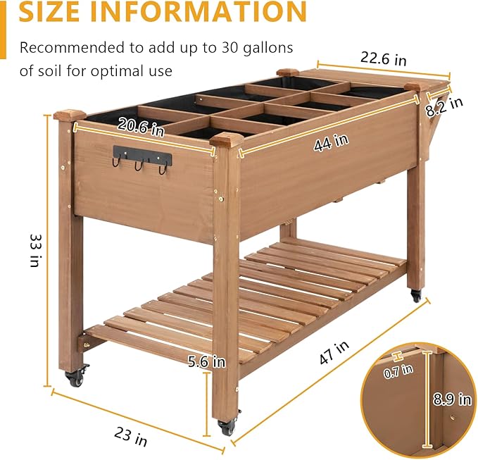 ketive Raised Garden Bed with Lockable Wheels Mobile Elevated Wood Planter,Storage Shelf, Protective Liner,55.5x24x32in (Brown)