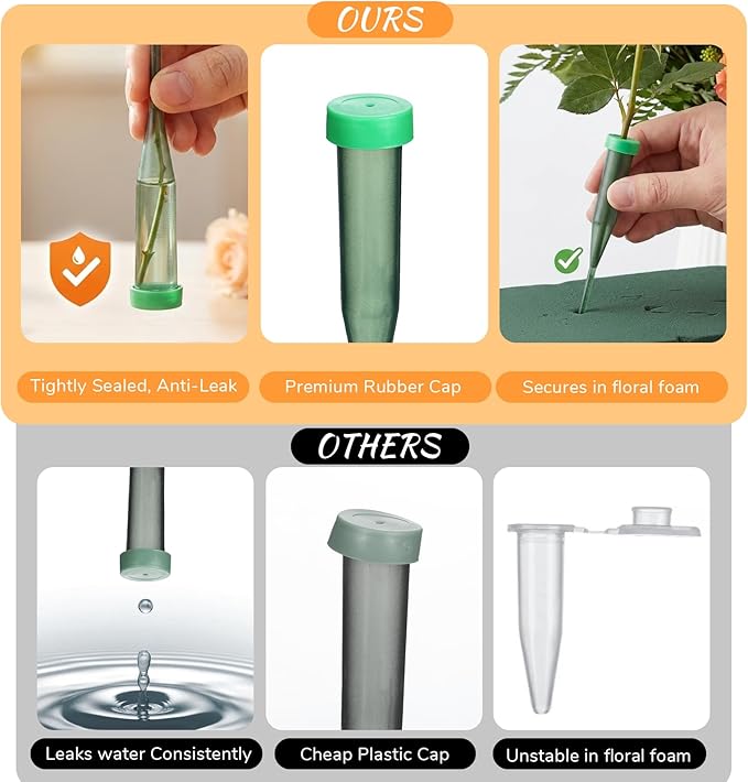 25 Pcs Floral Water Tubes for Flowers, 5.7 Inch Plastic Flower Supplies for Fresh Floral, Single Flower Water Tube Green Flowers Stem Tubes with Caps for Plant, Bouquet Accessories