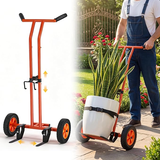 Plant Caddy with Wheels, Heavy Duty Plant Dolly Cart with Non-Slip Silicone Grids Adjustable Grabbing Arm, Suction Cups, Indoor Outdoor Plant Mover for Heavy Pots, Supports Plants Up to 175 lbs Orange