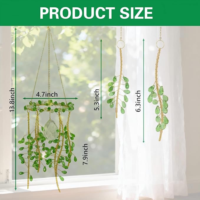3 Pack Crystal Suncatchers for Window Boho Decor—Green Plant Inspired Hanging Wind Chimes with Chain Rainbow Prism Indoor Outdoor Home Decor & Plant Lover Gift