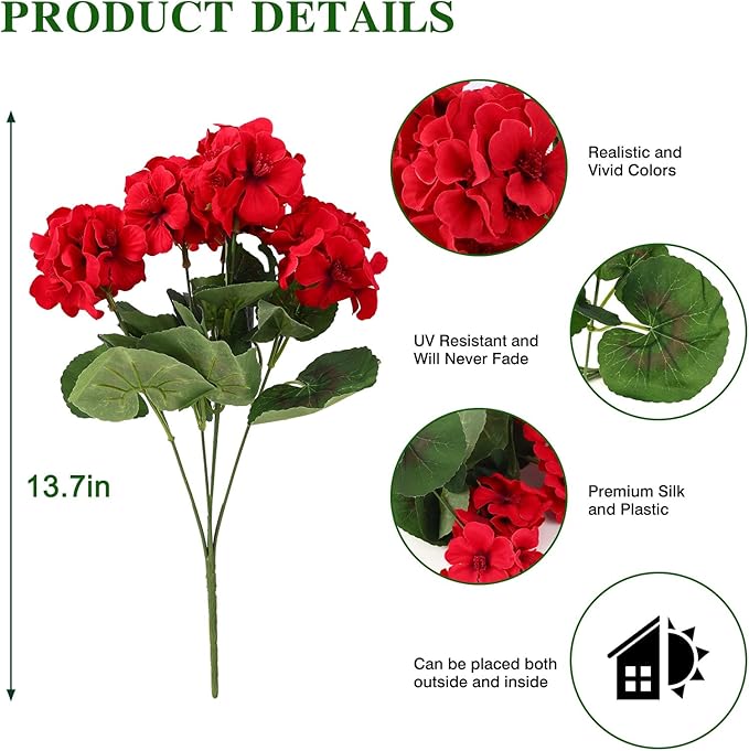 CEWOR 6 Bundles Artificial Geranium Flowers for Outdoor Indoor, Fake Silk Geranium Red Flowers, Faux Flower for Valentine's Day Decor Garden Front Door Porch Planter Patio Home Decor