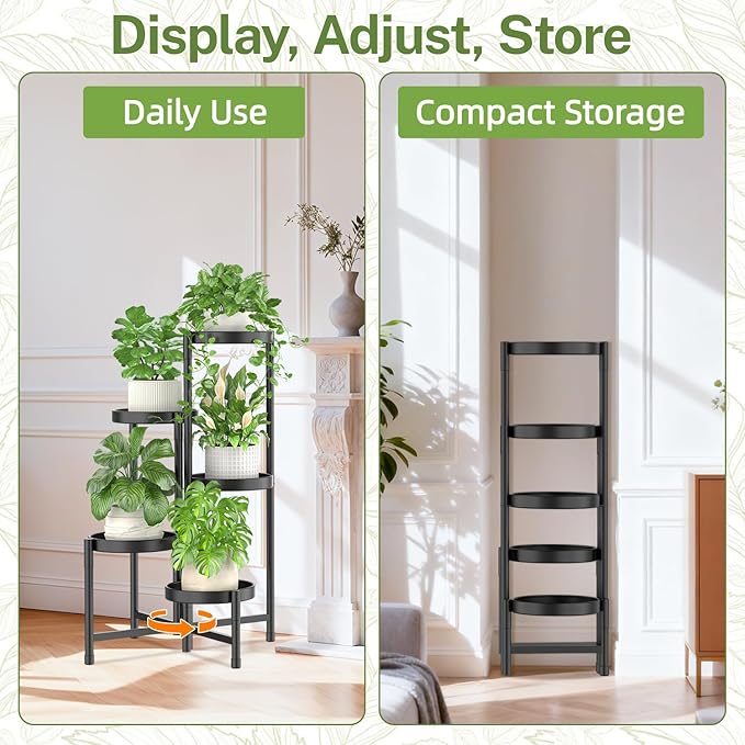 iDavosic.ly Plant Stand Indoor Outdoor, 5 Tier Corner Metal Flower Display Holder Shelf, Folding Tall Orchid Rack for Patio Balcony Porch Garden Living Room House, Black