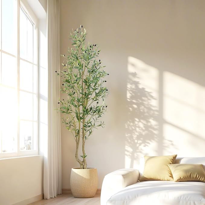 HZXGCP 6ft Artificial Olive Tree Indoor, Fake Olive Tree with White Pot, Faux Olive Tree with Dense Leaves & Realistic Fruits, Tall Artificial Plant for Home Living Room Office Entryway Decor
