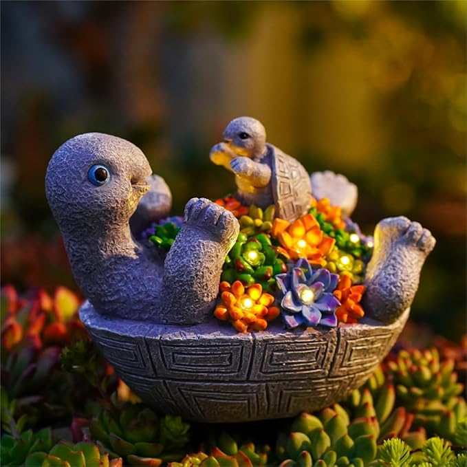 Pohabery Solar Turtle Figurines Garden Decor, Cute Turtle Statue with Baby with 7 LED Solar Lights Garden Lawn Decorations for Patio & Yard, Gifts for Mom, Gery
