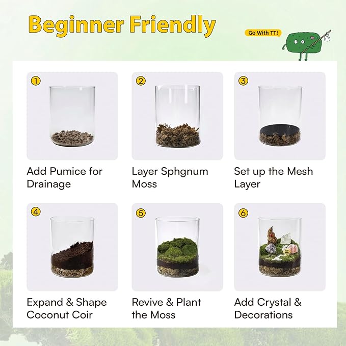 DIY Crystal Terrarium Kit– All-In-One Starter Kit with Preserved Moss, Pumice, Crystals, Coconut Coir, Gardening Tools & Decor | Healing Gift for relaxing | Plants & Crystal Lovers | Home & Desk Decor