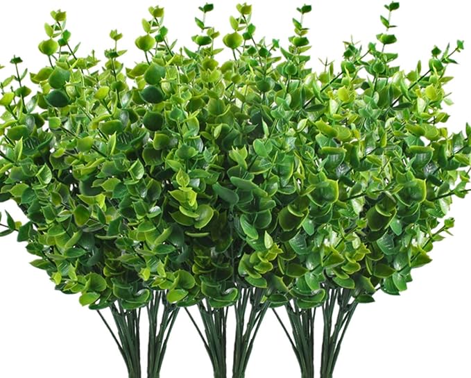 CATTREE Artificial Shrubs Bushes, Plastic Eucalyptus Leaves Fake Green Plants Wedding Indoor Outdoor Home Garden Verandah Kitchen Office Table Centerpieces Arrangements Christmas Decoration 6 pcs