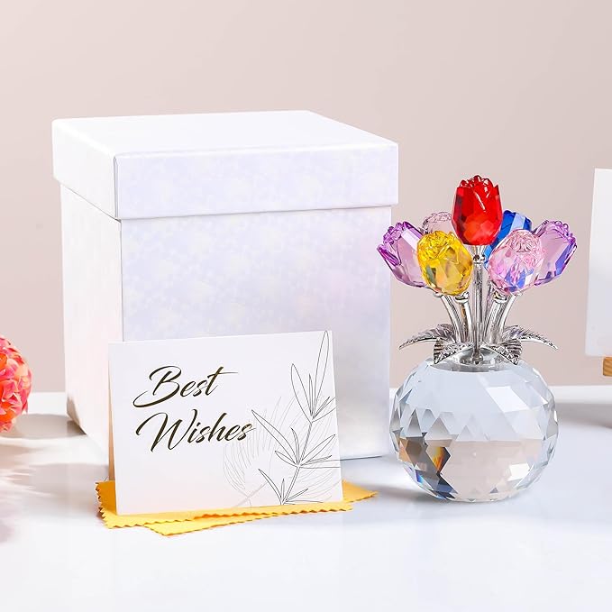 YWHL Handmade Crystal Colorful Rose Flower Figurine with Round Vase, Romantic Rose Gifts for Women on Anniversary Birthday Chrismas, Glass Rose for Grandma Mom Wife, Wedding Home Decorations