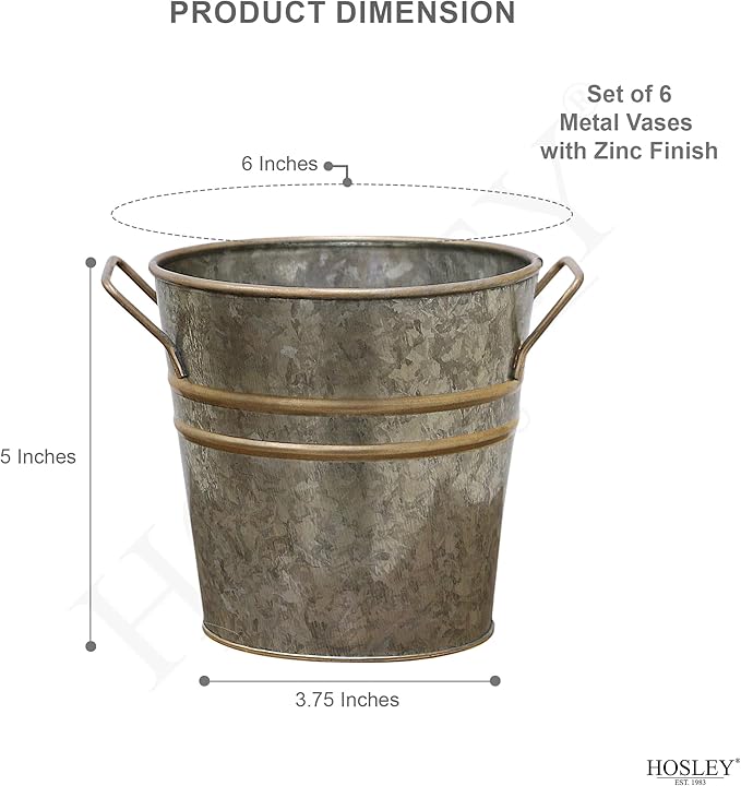 Hosley Set of 6 Metal Vases with Zinc Finish 5" Dia x 5" H Ideal Gift for Wedding Special Occasion Home Office Dried Floral Arrangements