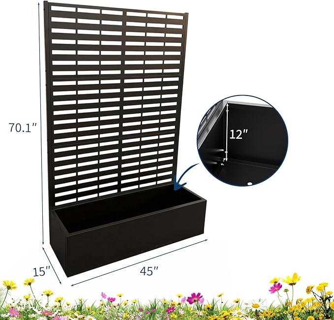 Metal Raised Garden Bed with Trellis & Privacy Screen, 70.1"x45"x15" Galvanized Metal Planter Box with Drainage Holes for Patio Balcony Outdoor Climbing Plants Flowers Vegetable, Black