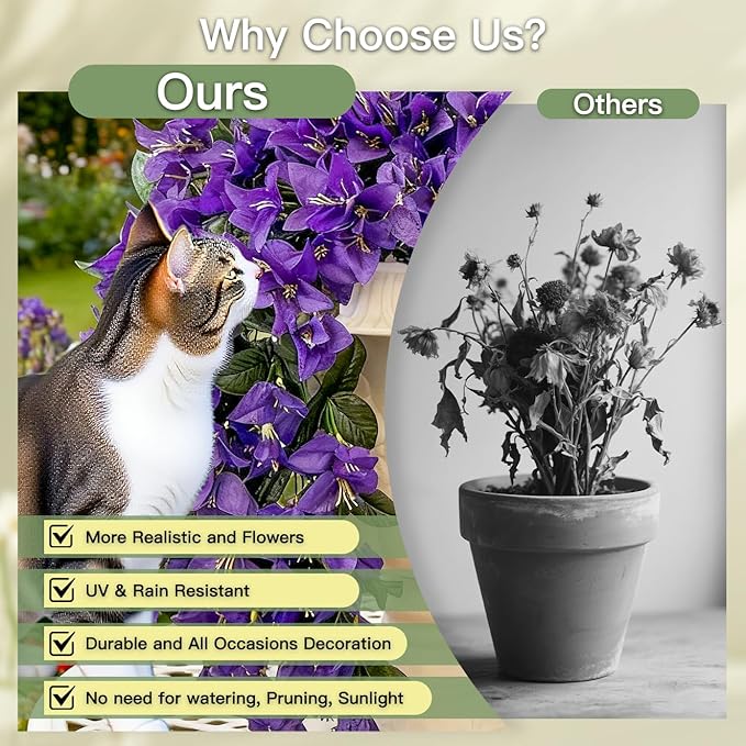 Artificial Flowers for Outdoors Fake Purple Bougainvillea Hanging Flower Decoration, 2Pcs Realistic Faux Silk Plants Long Trailing Vines, Spring Decor for Porch Patio Balcony Planter Yard