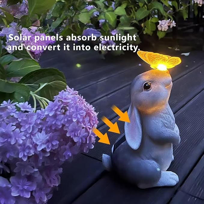 Solar Garden Statue Outdoor Decor Rabbit Figurines with LED Butterfly Lights, Bunny Statues Patio Ornament Decor for Lawn Balcony Yard, Gifts for Mum Grandmom on Birthday Mother's Day