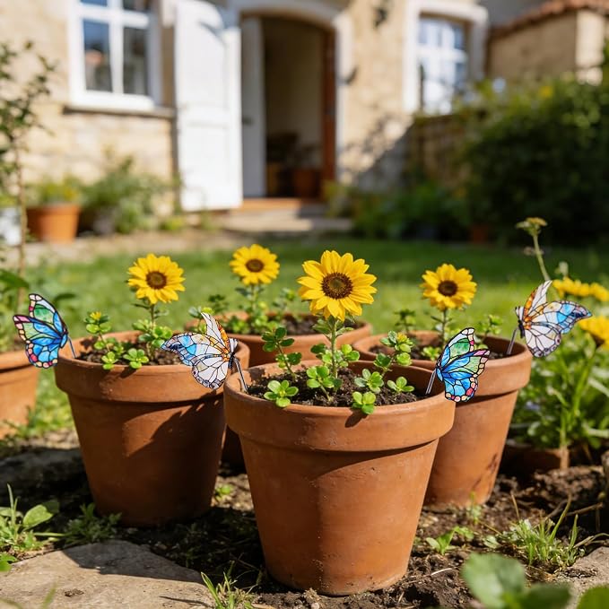 Flower Pot Decoration, 2Pcs Acrylic 2D Butterfly Plant Pot Hugger, 4.6 Inch Stained Butterfly Garden Stake Ornament Insert Decor for Indoor Patio (B)