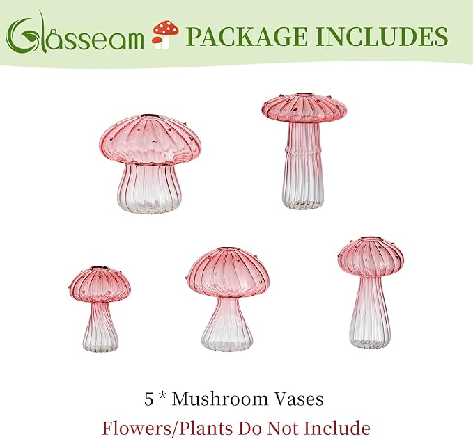Glasseam Mushroom Plant Propagation Stations: Pink Glass Terrarium Jar Set of 5 Cute Planters for Indoor Plants Decorative Propagate Vase Unique Gifts for Women Home Office Decor