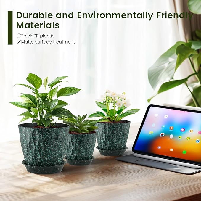Meowell 7/6.5/6/5.5/5/4.5/4 inch Plant Pots for Indoor Outdoor Plants, 7 Pack Thick Flower Pots with Drainage Holes and Saucers, Wave Texture Plastic Planters Nursery Pots, Black with Green Speckles