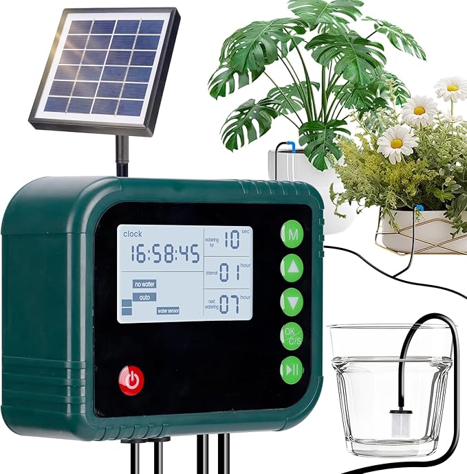 Solar Automatic Drip Irrigation Kit System,Automatic Plant Watering Devices Programmable Water Timer,LED Display for 15 Potted Plants Outdoor Indoor Garden Balcony Vacation