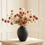 Artificial Flowers with Vase for Home Decor - Faux Mum Flower Arrangement Centerpiece, 12 Stems Beige and Brown Silk Flowers in Black Iron Vase for Dining Table Living Room Office Bedroom