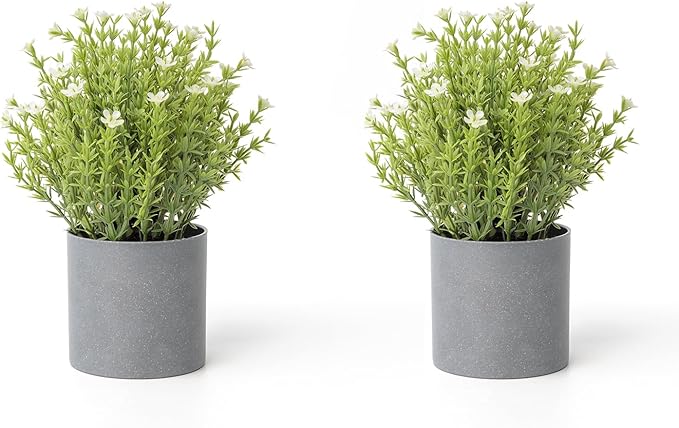 2 Pack Small Desk Plants, Artificial Bathroom Plants Decor with Thyme Flower in Vintage Melamine Pots, Faux Plants Indoor for Shelf Decor in Home Office, and Spring Decor (Ivory)