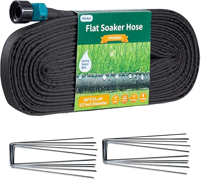 2025 Flat Soaker Hose 50 ft with Stake for Garden, Linkable Drip Hose Diy Automates Garden Irrigation System Saving 83% Water, Dual-layer Leak-free Design Water Hose with Holes