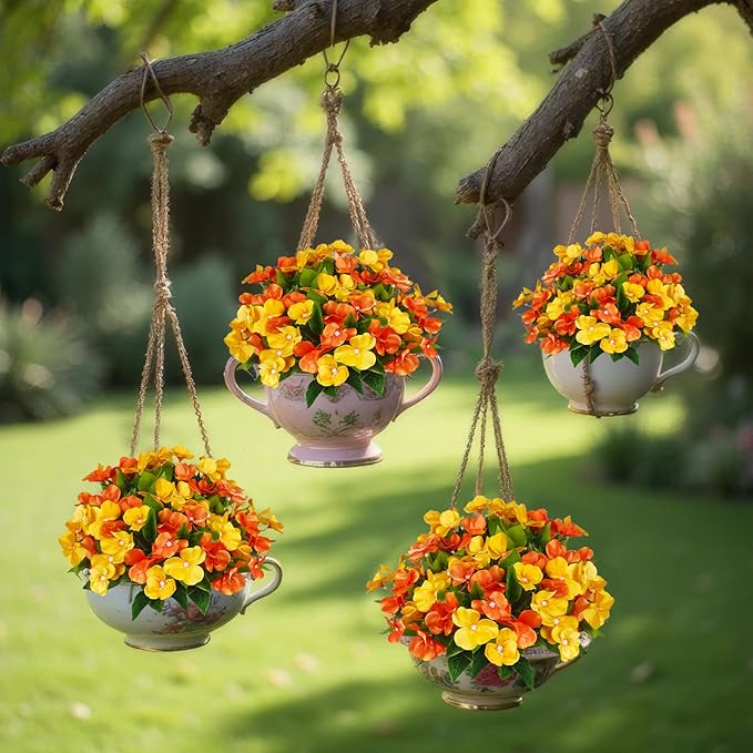 CITYES 4 Pcs Artificial Flowers Outdoor Impatiens UV Resistant Fake Silk Fall Flowers Orange Yellow Faux Flowers Impatiens Bushes for Outdoor Planter Pot Hanging Basket Porch Autumn Fall Decor