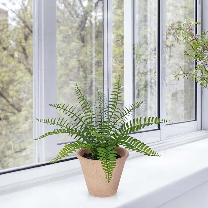 Artificial Boston Fern Potted Plant, 9" Small Fake Plants in Pot, Faux Fern Plant Greenery for Home Office Farmhouse Living Room Bathroom Kitchen Tabletop Desk Shelf Decoration