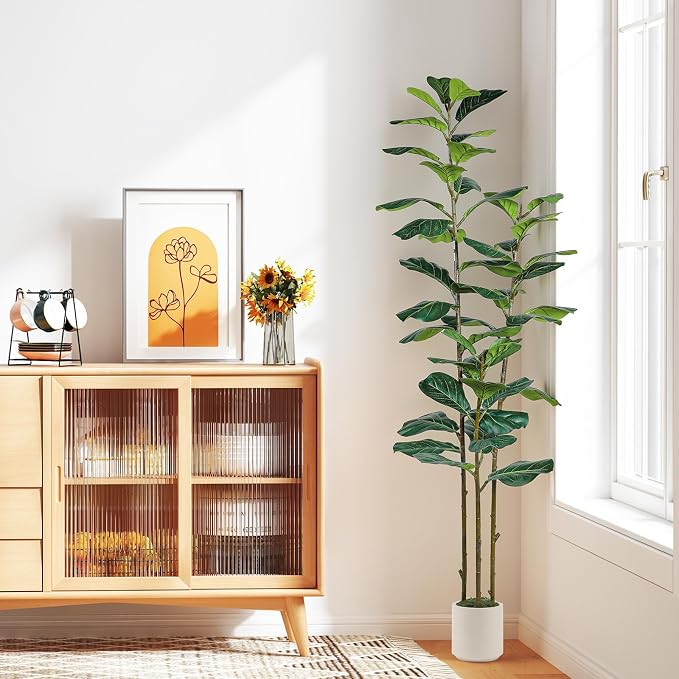 Alupssuc 6FT Artificial Fiddle Leaf Fig Tree with White Planter Pot, 6 feet Tall Fake Tree for Home Decor, Faux Ficus Tree Fake Moss for Indoor Outdoor Office Living Room