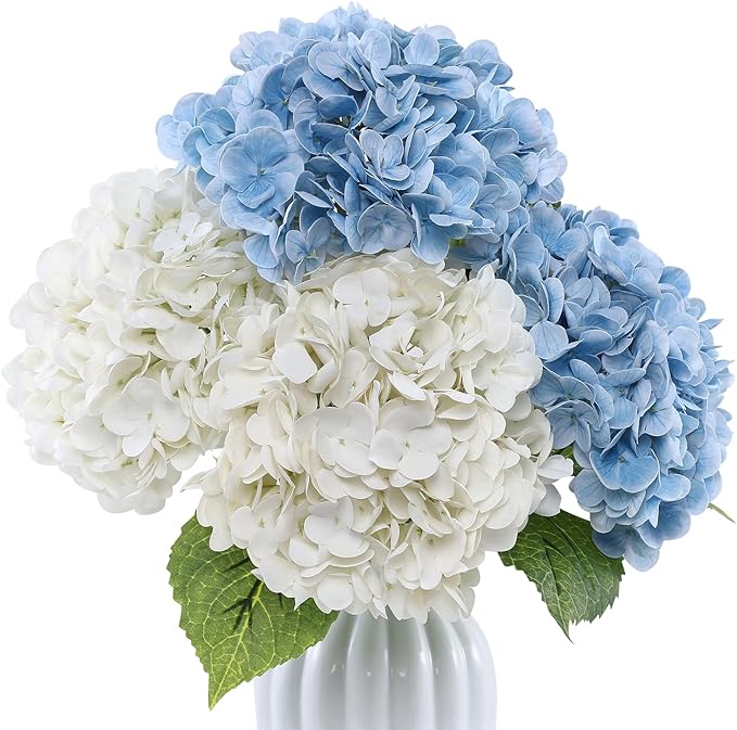Coferset 4Pcs Hydrangea Artificial Flowers Lifelike Faux Hydrangea Real Touch Artificial Flowers for Outdoors Home Wedding Christmas Office Party Living Room Decoration,22inch(2 White+2 Baby Blue)