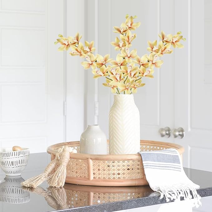 IPOPU 5 Pcs Real Touch Faux Orchid Champagne Orchid Artificial Flowers with Long Stem for Wedding Party Centerpiece Bridal Bouquet DIY Home Living Room Decoration