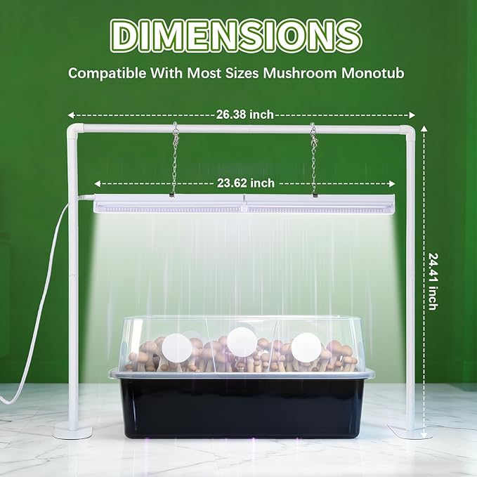 Meonum Mushroom Growing Light Stand, LED Mushroom Grow Light Dual Spectrum 6000K 5000K, 2ft White Blue Grow Lamp, for 10-50 Most Quart Monotub, Easy Assembly, Energy Efficient, Optimal for Cultivation