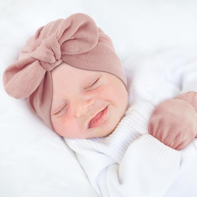 BQUBO Baby Turban Hats and Mittens Set Newborn Infant Hospital Hats Caps with Bows for Baby Boys Girls 0-12 Months
