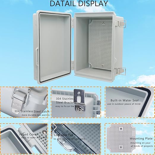 Waterproof Junction Box, ABS Plastic Electrical Box with Stainless Steel Latch, Hinged Cover Electric Project Enclosure Box with Mounting Plate, Wall Brackets & Cable Gland 8.7"x6.7"x4.3"