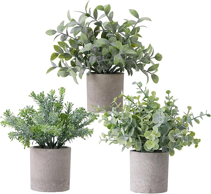 3 Pack Fake Plants Small Artificial Eucalyptus Topiaries Lifelike Faux Plant Perfect for Home Office Desk,Shelf Decor