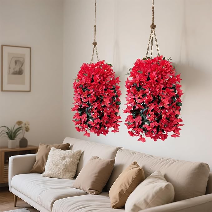 Artificial Flowers for Outdoors Fake Red Bougainvillea Hanging Flower Decoration, 2Pcs Realistic Faux Silk Plants Long Trailing Vines, Spring Decor for Porch Patio Balcony Planter Yard